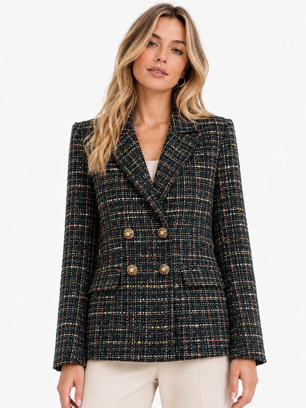 Rachel‎ Zoe Parisian Chic Multicolor Tweed Blazer Gold Button Jacket Small